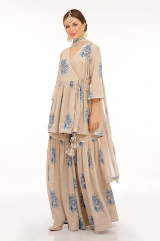 Preevin Beige Floral Peplum Kurta Set 