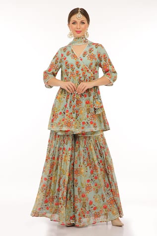 Preevin Teal Floral Peplum Kurta Set With Sharara 