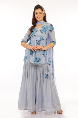 Preevin Floral Peplum Kurta Set With Sharara 
