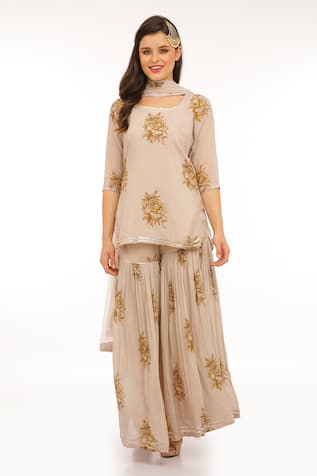Preevin Beige Floral Peplum Kurta Set 