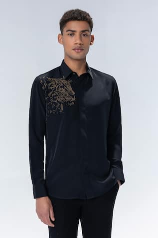 AMIT ARORA Black Hand-Embroidered Lion Motif Shirt 