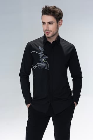 Amit Arora Embroidered Cat Motif Black Shirt 
