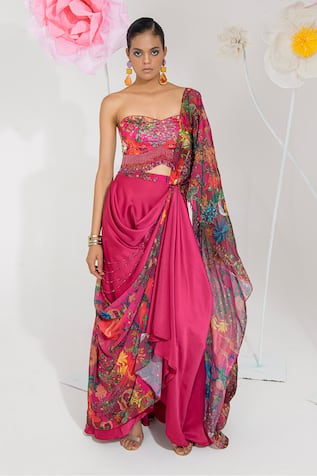 Muskan Aggarwal Rose Red Blouse & Draped Skirt Set 