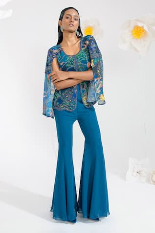 Muskan Aggarwal Teal Blue Embroidered Cape Top With Sharara 