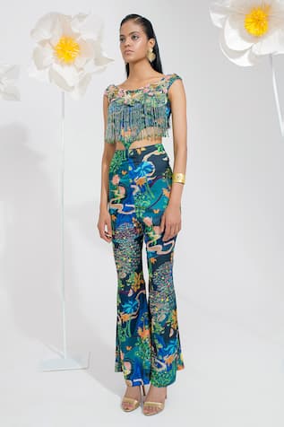 Muskan Aggarwal Teal Blue Sequin Embellished Pant Set 
