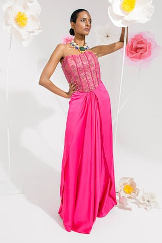 Muskan Aggarwal Fushcia Pink Embroidered Skirt Set 
