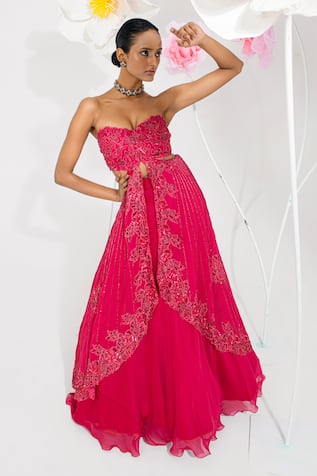 Muskan Aggarwal Rose Red Fusion Lehenga Set 