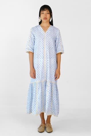 Merakus Blue Checks Applique Cotton Midi Dress 