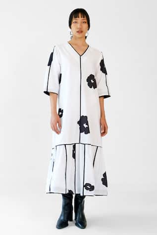 Merakus White Poppy Applique Cotton Dress 