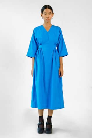 Merakus Blue Cotton Elastic Waist Belt Dress 