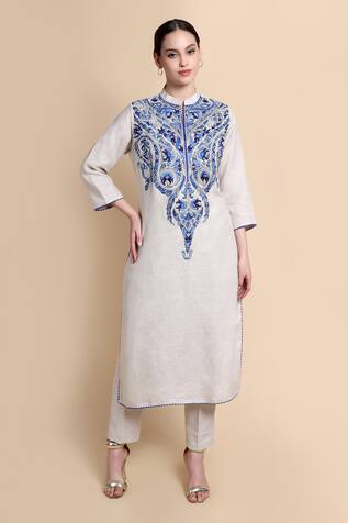 Bhairavi Jaikishan Embroidered Beige Linen Kurta 