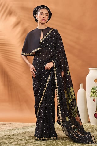 Printed Black Georgette Saree Set With Cape 