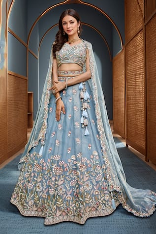 Samyukta Singhania Floral Embroidered Blue Lehenga Set 
