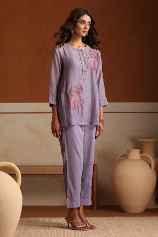 Beige Purple Hand Embroidered Kurta Set 