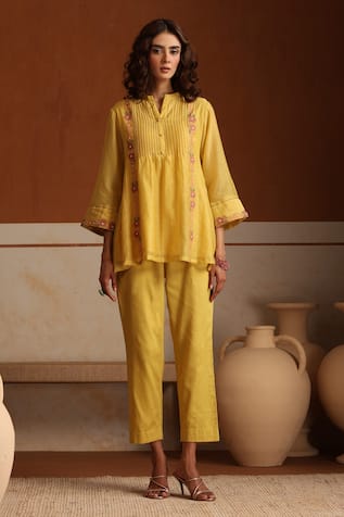 Beige Yellow Hand Embroidered Kurta Pant Set 