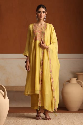 Beige Yellow Hand Embroidered Kurta Set 
