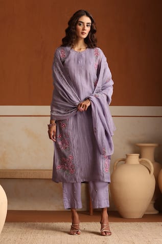 Beige Purple Hand Embroidered Kurta Set 