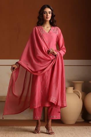 Beige Pink Hand Embroidered Kurta Set 