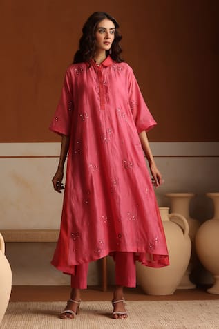 Beige Pink Hand Embroidered Kurta Set 