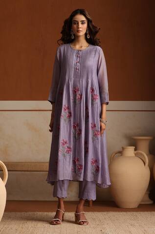 Beige Purple Hand Embroidered Kurta Set 