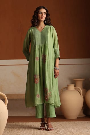 Beige Green Hand Embroidered Kurta Set 