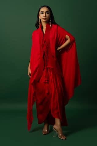 DAY AND MOOD Red Chiffon Dhoti Set With Cape 