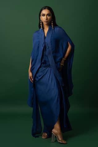 DAY AND MOOD Blue Chiffon Dhoti Set with Cape 