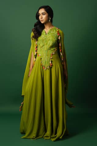DAY AND MOOD Embroidered Green Chiffon Jumpsuit Set 