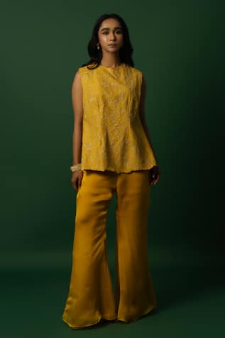 DAY AND MOOD Yellow Silk Organza Pant Set 