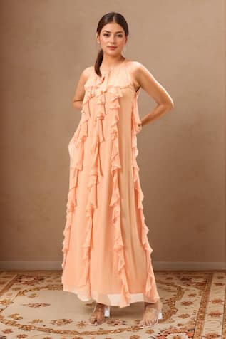 Samyukta Singhania Peach Georgette Ruffled Maxi Dress 