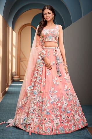 Samyukta Singhania Peach Floral Embroidered Lehenga Set 