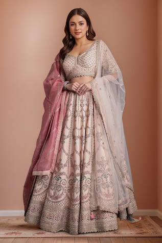 Samyukta Singhania Embroidered Peach Silk Lehenga Set 