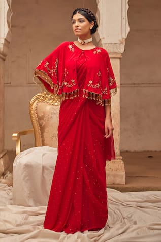 Geroo Jaipur Red Mukaish Saree Set 