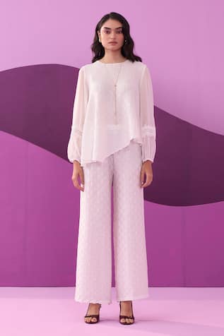 Pleats by Aruni White Crepe Satin Pant Set 