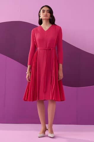 Pleats by Aruni Fuchsia Pleated Midi Dress With Belt 