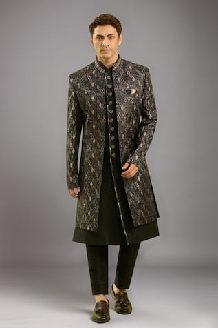 Black Digital Print Sherwani Set 