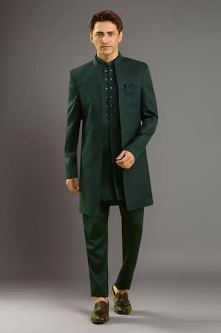 Green Jacquard Silk 3 Piece Jacket Set 