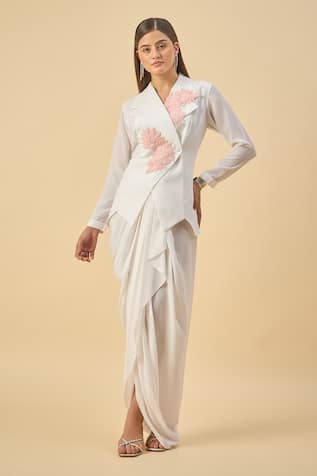 Aakaar White Embroidered Blazer & Dhoti Skirt Set 
