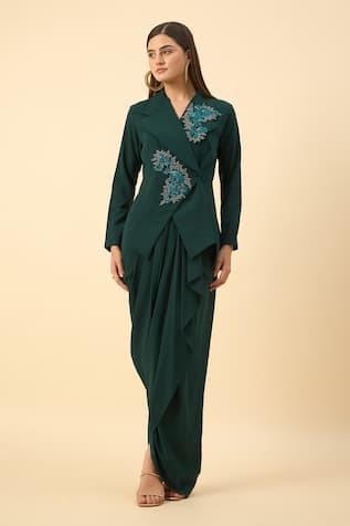 Aakaar Green Embroidered Blazer & Dhoti Skirt Set 