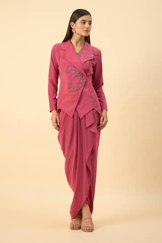 Aakaar Pink Embroidered Blazer & Dhoti Skirt Set 
