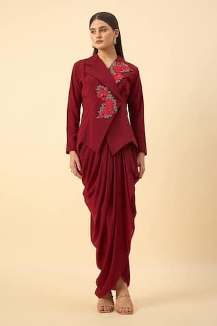 Aakaar Red Embroidered Blazer & Dhoti Skirt Set 