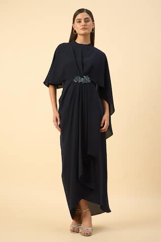 Aakaar Navy Blue Draped Maxi Dress 