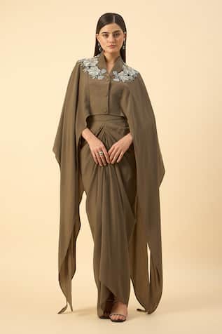 Aakaar Olive Green Designer Crop Top & Draped Skirt 