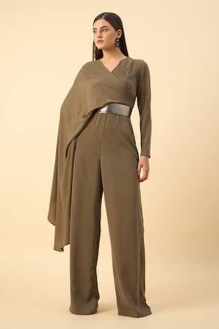 Aakaar Olive Green Designer Jumpsuit With Belt 