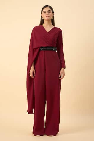 Aakaar Red Designer Jumpsuit With Belt 