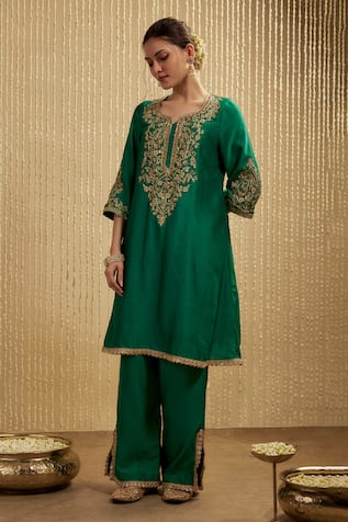 Mehak Murpana Peacock Green Silk Chanderi Kurta Set 