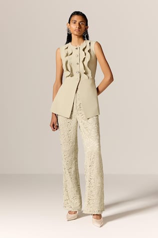 Manika Nanda Beige Crepe Spandex Lace Pant Set 