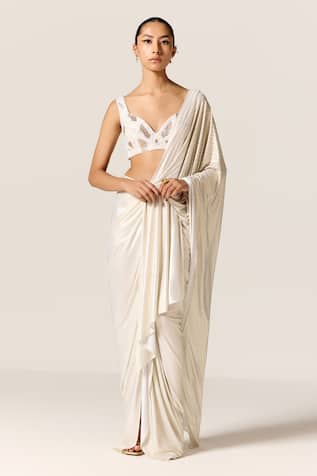 Manika Nanda Ivory Metallic Lycra Slit Saree 