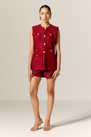 Manika Nanda Deep Red Lace Waistcoat & Shorts Set 