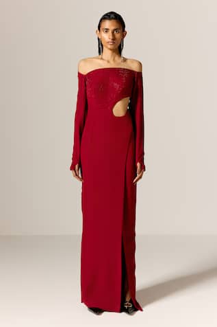 Manika Nanda Deep Red Star Cutout Gown 